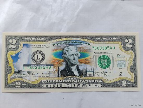 2 доллара в кляссере Национальной парк Йеллоустон(с сертификатом)