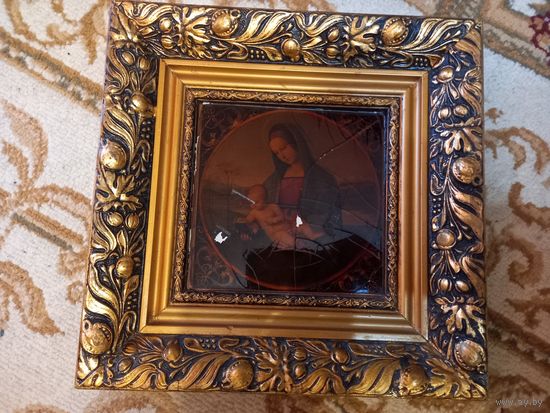 Рафаэль Мадонна Конестабиле Репродукция на ткани в красивой рамке Ленинград, 1978 г. 27х27 см.