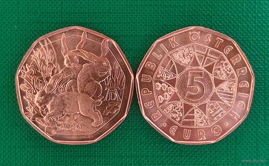 Австрия 5 евро 2026 Три зайца Дюрера, пасхальный кролик UNC