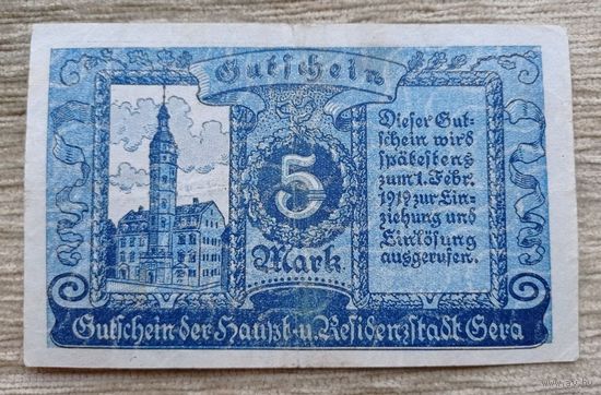 Werty71 Германия 5 марок 1919 банкнота Гера