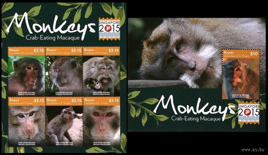 2015 Сент-Винсент Гренадины Бекия 1061-1066KL+B135 Фауна - Обезьяны 26,00 евро