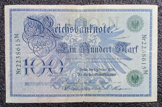 100 марок Германия 1908 г. (зелёная печать)