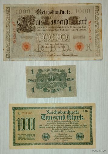 Лот из 3 банкнот (Кайзеровская Германия, Веймарская Республика)