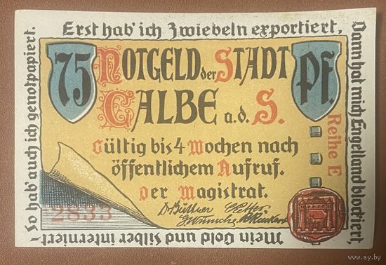 Нотгельд 75 пфеннигов 1922 год. Кальбе. Веймарская республика