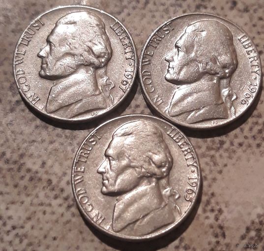 5 центов  1965.1966.1967 без МД США Джеферсон 3 монеты