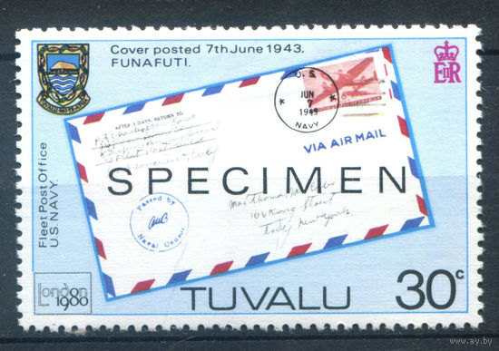 Тувалу - 1980г. - международная филателистическая выставка, надпечатка SPECIMEN, 30 с - 1 марка - MH [Mi 122]. #3-WB-79-B-1