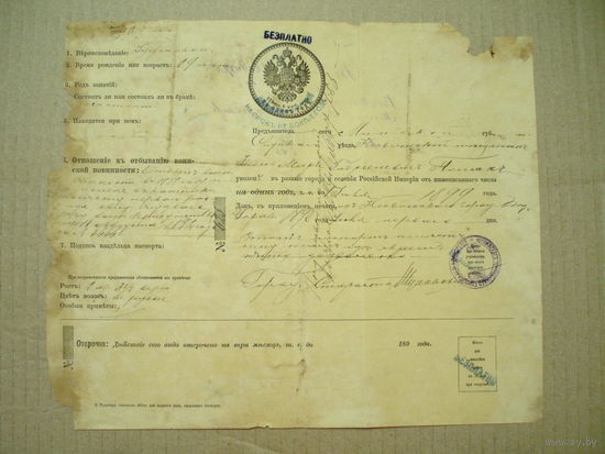 Паспорт 1898 год Несвиж Слуцк уезд Минск губерния РИ Беларусь