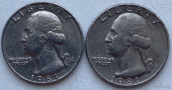 США 25 центов (квотер) 1981 г. P. Цена за 1 шт.