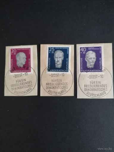 ГДР 1957 Полная серия марок на вырезках "Строительство национального мемориала" (спецгашение) Mi.606А-608А каталог 2.00 евро