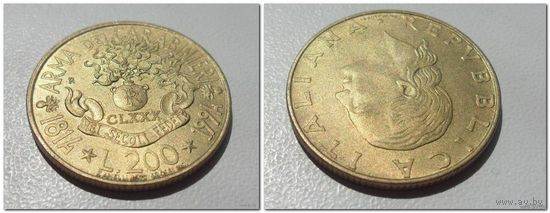 200 лир Италия 1994 г.в. KM# 164, 200 LIRE, ЮБИЛЕЙНАЯ,180 лет карабинерам, из коллекции