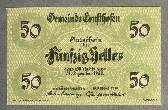 Геллеров Нотгельд Австрия Эрнстхофен, 50 геллеров 1920 год