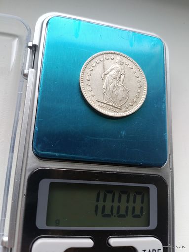 2 франка 1944г. Швейцария. XF, рельефная. Серебро 0.835. С рубля!