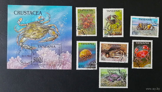 Танзания 1994 г. Крабы. Ракообразные. Морская фауна, полная серия из 7 марок + Блок #0049-Ф1P11