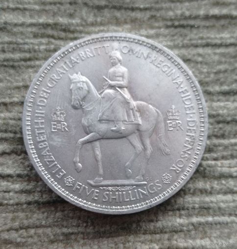 Werty71 Великобритания 5 шиллингов 1953 1 крона Елизавета 2 Британия Королева на Лошади