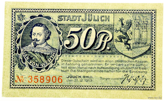 РАСПРОДАЖА!!! - ГЕРМАНИЯ ЮЛИХ (Северный РЕЙН-ВЕСТФАЛИЯ) 50 пфеннигов 1919 год  - UNC!