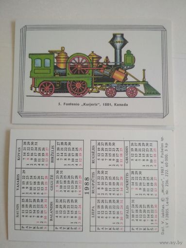 Карманный календарик. Паровозы, Литва. 1988 год