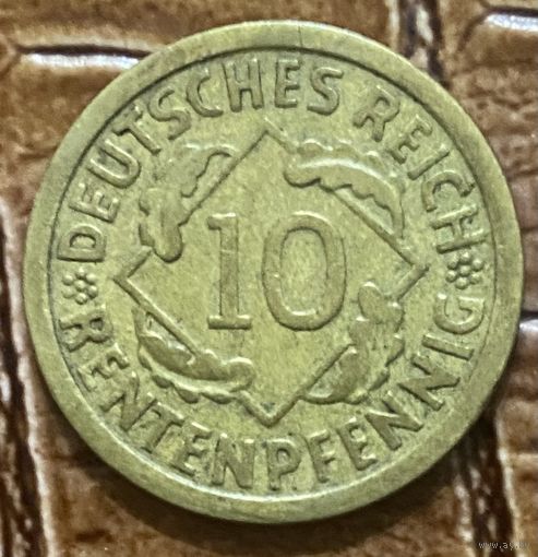 Монета 10 пфеннигов 1924 год. Веймарская республика. Монетный двор Штутгарт.
