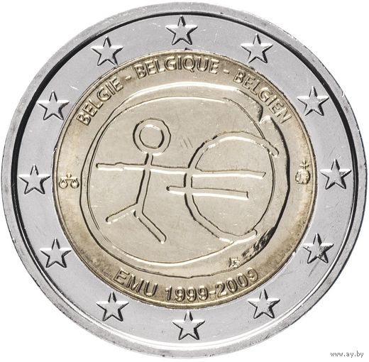 2 евро 2009 Бельгия 10 лет Экономическому валютному союзу UNC из ролла