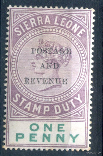 Британские колонии - Сьерра-Леоне - 1897г. - королева Виктория, надпечатка Postage and Revenue, 1 P - 1 марка - MH, есть несколько полос-вмятинок. #4-B5-126-A-1