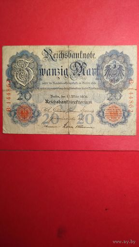 20 марок 1906. Германия. С рубля. (02) Очень Красивая Купюра.