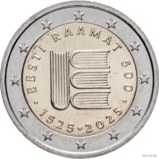 2 евро 2025 Эстония 500 лет первому печатному тексту UNC из ролла