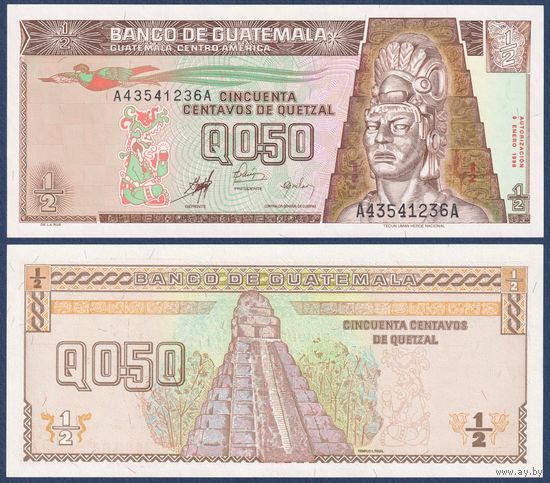 Гватемала, 50 центаво (0.5 кетсаля) 1998 г., P-98 (AA, вождь Текун Уман, De La Rue), UNC