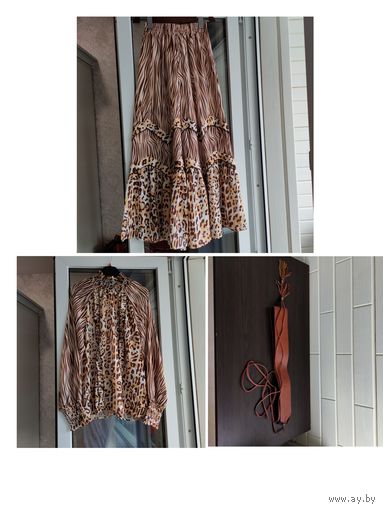 Комплект Сафари юбка+блуза+пояс XXS-XS