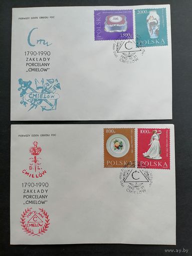 Польша 1990 Три КПД с полной серией марок "200 лет фарфоровой мануфактуре в Хмелеве (Cmielow)" (спецгашение) Mi.3288-3293 каталог 2.00 евро