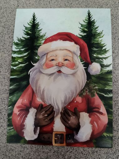 Открытка Дед Мороз на фоне елок чистая