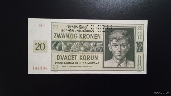 20 крон 1944 год. Протекторат Богемия и Моравия. Перфорация Specimen. UNC.