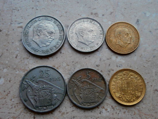 Испания 3 монеты: 25, 5 песет 1957, 1 песета 1966.