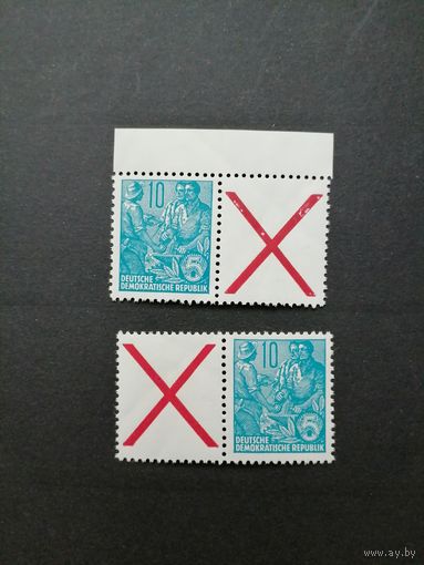 ГДР 1955 Две сцепки горизонтальные из марок стандарта "Пятилетка" (чистая**) Mi.453x+Z и Z+453x каталог 8.00 евро