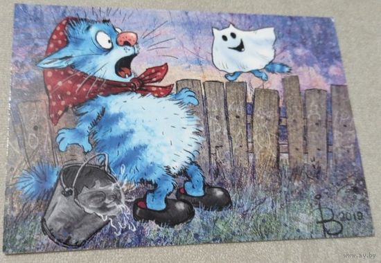 Посткроссинг. Открытка из Словакии: коты, худ.Рита Зинюк (10х15). Прошла почту. Художественные марки, чёткий штемпель.