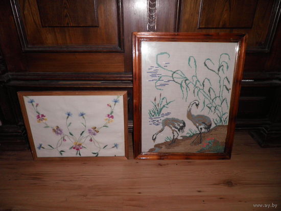 Картины-вышивки 2 шт.гладью и крестиком ср.20-го века.