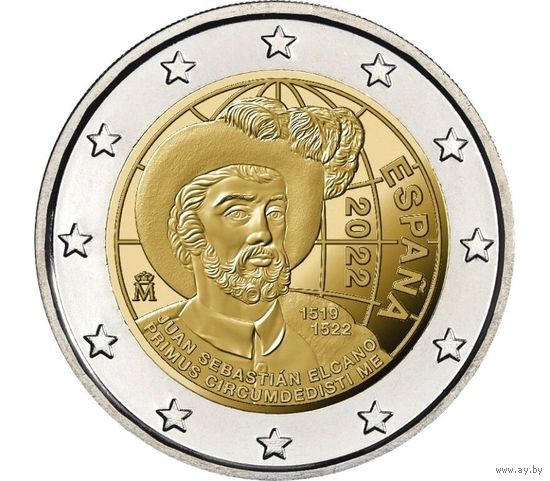 2 Евро Испания 2022 500-летие первого кругосветного путешествия. Хуан Себастьян Элькано. UNC из ролла