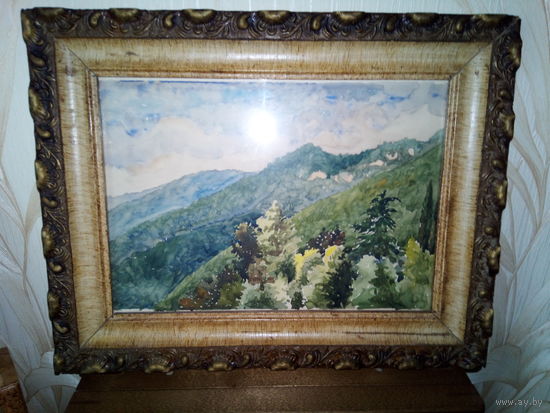 Картина акварель,рама, стекло,старая."Тайга"