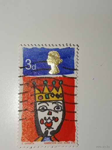 Великобритания 1966 Марка основана на рисунке ребенка, изображающем "Короля Востока" (King of the Orient), созданном Тасвиром Шемзой.