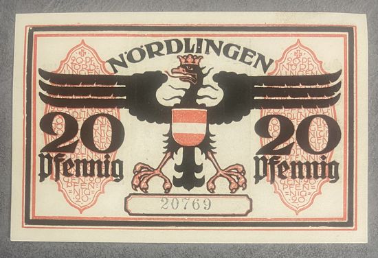 Нотгельд , 20 пфеннигов, Нёрдлинген 1919 год Веймарская республика