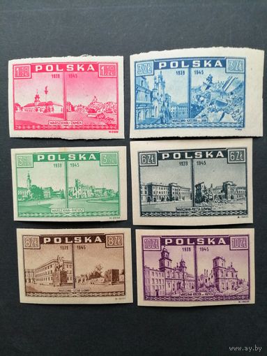 Польша 1945 Полная серия марок "Взгляд из Варшавы: до и после ее разрушения" (чистая*, четыре марки с наклейки) Mi.414-419 каталог 6.00 евро