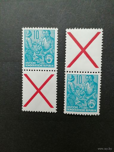 ГДР 1955 Две сцепки вертикальные из марок стандарта "Пятилетка" (чистая**) Mi.453x+Z и Z+453x каталог 8.00 евро
