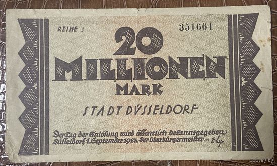 Банкнота 20 миллионов марок 1923 год. Дюссельдорф Веймарская республика.