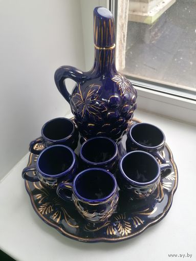 Графин, 6 кружечек и поднос, кобальт, фарфор