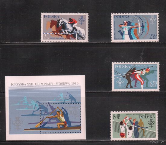 Польша-1980  (Мих.2674-2677,Бл.81) , ** , Спорт,  ОИ-1980,  (полная серия)