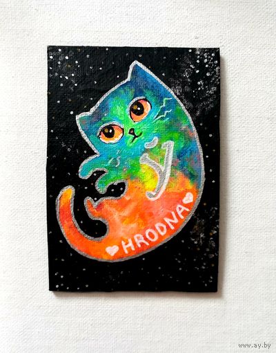 Магнит картина, космический котик. Ручная работа