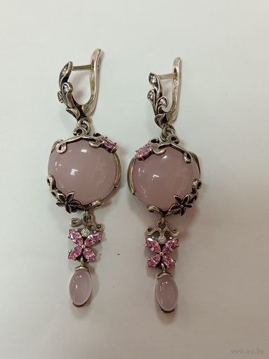 Серьги, серебро,розовый кварц