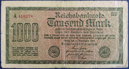1000 марок. 1922 г. С ошибкой в надписи. Германия.