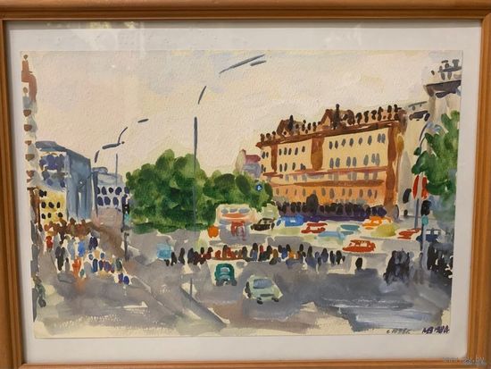 Михеева В.Н. "Минск ул.Ленина", 1980г. Акварель, размер 36,5х24,5 см.