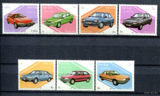 Лаос - 1987г. - Автомобили - 7 марок - полная серия, MNH, 1 марка с отпечатком на клее [Mi 1010-1016]. #O-Se-Z-1-6