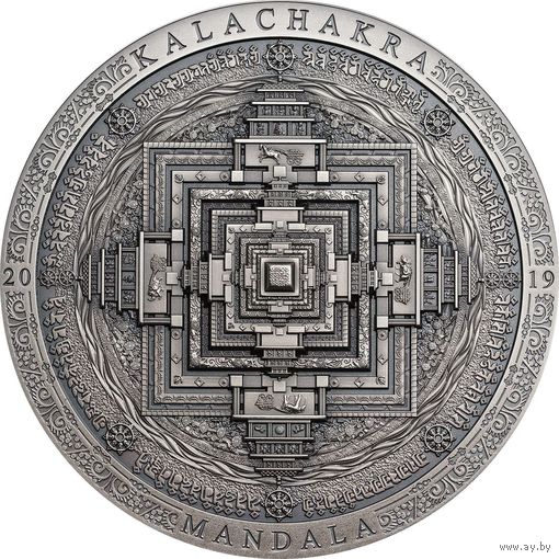 RARE Монголия 2000 тугриков 2019г. "Калачакра. Мандала". Монета в капсуле; шикарном подарочном футляре; номерной сертификат; коробка. СЕРЕБРО 93,30гр.(3 oz).