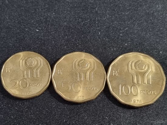 Аргентина 20,50,100 песо 1978 лот  Чемпионат мира по футболу UNC( НОВОЕ)